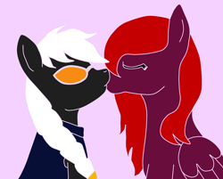 Size: 2378x1914 | Tagged: safe, artist:ayanokorohama, oc, oc only, oc:nameless rhyme, oc:scarlet paper, earth pony, pegasus, pony, eyes closed, female, kissing, lesbian, mare, oc x oc, shipping, sunglasses, transgender