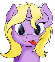 Size: 2550x2904 | Tagged: safe, artist:maximus, oc, oc only, oc:drawing heart/alcestis, pony, unicorn, blushing, bust, female, looking at you, mare, portrait, silly, silly face, silly pony, simple background, smiling, solo, tongue out, transparent background