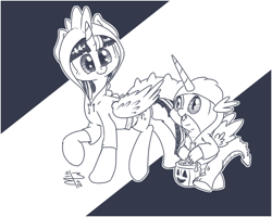 Size: 750x600 | Tagged: safe, artist:malwinters, spike, twilight sparkle, twilight sparkle (alicorn), alicorn, dragon, pony, clothes, costume, hoodie, monochrome, nightmare night