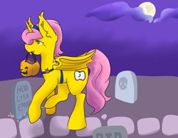 Size: 3000x2333 | Tagged: safe, artist:mangajag, oc, oc only, oc:golden blush, pony, unicorn, candy, clothes, commission, costume, fake wings, female, food, full moon, gravestone, jack-o-lantern, moon, pumpkin, solo