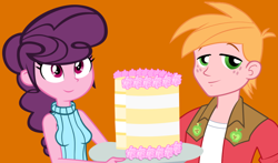 Size: 990x582 | Tagged: safe, artist:ironm17, artist:themexicanpunisher, big macintosh, sugar belle, equestria girls, cake, cute, dessert, equestria girls-ified, female, food, freckles, male, plate, request, shipping, simple background, straight, sugarmac