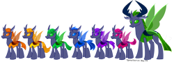 Size: 2016x717 | Tagged: safe, artist:terraterracotta, thorax, changedling, changeling, to where and back again, alternate design, blue changeling, changeling king, green changeling, king thorax, orange changeling, pink changeling, purple changeling, redesign, simple background, transparent background, yellow changeling