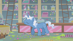 Size: 1280x720 | Tagged: safe, screencap, pokey pierce, pony, unicorn, call of the cutie, background pony, balloon, balloon popping, cuteceañera, dancing, eyes closed, male, party, pointy horn, solo, stallion, sugarcube corner