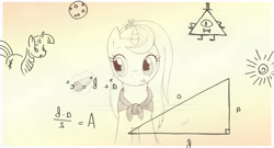 Size: 1386x747 | Tagged: safe, artist:sherwoodwhisper, twilight sparkle, oc, oc:eri, bill cipher, doodle, math, mirrored, monochrome, sketch, solo, traditional art, triangle