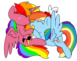 Size: 2490x1950 | Tagged: safe, artist:ashleigharts, oc, oc only, oc:fezdash, oc:rainbow melody, alicorn, pony, alicorn oc, blushing, eyes closed, fez, hat, rainbow hair, simple background, transparent background