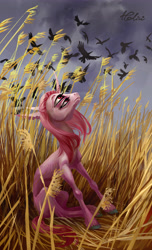 Size: 2480x4092 | Tagged: safe, artist:holivi, oc, oc only, oc:four eyes, bird, unicorn, cloud, cloudy, cloven hooves, food, four eyes, signature, skinny, solo, unshorn fetlocks, wheat