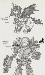 Size: 1078x1765 | Tagged: safe, artist:kuroneko, derpibooru exclusive, alicorn, pony, alternate timeline, armor, army roster, crystal, crystal golem, crystal horn, crystal war timeline, golem, grayscale, mind control, monochrome, shadow, sombra soldier, traditional art