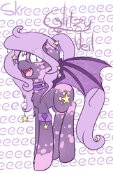 Size: 594x919 | Tagged: safe, artist:umbreow, oc, oc only, oc:glitzy veil, bat pony, pony, bat pony oc, chest fluff, cute, dappled, derp, eeee, fangs, femboy, leg fluff, male, open mouth, ponytail, purple, simple background, skree, smiling, solo, sparkles, spots, spread wings, stallion, stars, text, white background, wide eyes, wings