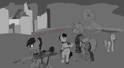 Size: 5800x3200 | Tagged: safe, artist:php2000, edit, oc, oc only, oc:colunder, earth pony, ghost, pegasus, pony, unicorn, fallout equestria, absurd resolution, city, clothes, fallout, female, looking at something, male, mare, monochrome, raider, raiders, spikes, stallion, weapon, wip