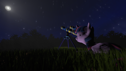 Size: 2560x1440 | Tagged: safe, artist:asylum529, twilight sparkle, twilight sparkle (alicorn), alicorn, pony, 3d, lying, moon, night, solo, source filmmaker, telescope