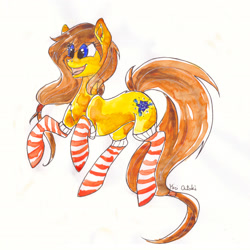 Size: 2076x2076 | Tagged: safe, artist:mici124, artist:micioutaki, oc, oc only, earth pony, pony, blue eyes, clothes, female, happy, long mane, long tail, socks, solo, striped socks, traditional art, watercolor painting