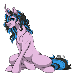 Size: 1600x1600 | Tagged: safe, artist:dragonfoxgirl, oc, oc only, pony, unicorn, curved horn, loose hair, sitting, solo