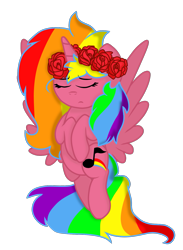 Size: 1103x1510 | Tagged: safe, artist:ashleigharts, oc, oc only, oc:rainbow melody, alicorn, pony, alicorn oc, floral head wreath, flower, rainbow hair, simple background, solo, transparent background