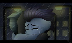 Size: 1500x900 | Tagged: safe, artist:spirit-dude, soarin', thunderlane, pony, crying, eyes closed, gay, hug, lamppost, male, rain, shipping, soarilane