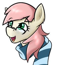 Size: 764x864 | Tagged: safe, artist:muggyheatwave, oc, oc only, oc:seanchas cliste, bust, clothes, ear fluff, glasses, green eyes, happy pony, open mouth, pink hair, scarf, simple background, solo, transparent background