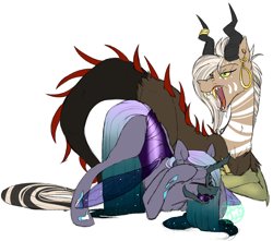 Size: 3227x2855 | Tagged: safe, artist:farewelldecency, oc, oc only, oc:nymph, oc:shetani, draconequus, hybrid, interspecies offspring, magical lesbian spawn, offspring, parent:discord, parent:princess luna, parent:queen chrysalis, parent:zecora, parents:chrysaluna, parents:zecord, simple background, white background