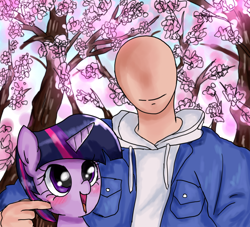 Size: 850x772 | Tagged: safe, artist:ehfkdl569, twilight sparkle, human, pony, unicorn, blushing, cheek squish, cherry blossoms, cherry tree, clothes, cute, faceless male, flower, flower blossom, hoodie, horn, jacket, male, offscreen character, poking, smiling, squishy cheeks, tree