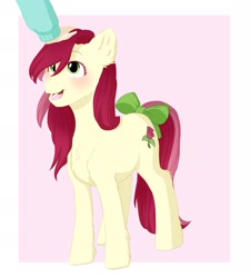 Size: 1944x2160 | Tagged: safe, artist:haru_s, roseluck, earth pony, pony, bow, chest fluff, cute, ear fluff, female, fluffy, hand, mare, offscreen character, petting, pony pet, rosepet, solo focus, standing, tail bow