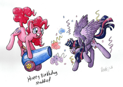 Size: 2232x1576 | Tagged: safe, artist:iduchan, derpibooru import, pinkie pie, twilight sparkle, twilight sparkle (alicorn), alicorn, earth pony, pony, confetti, dancing, party, party cannon