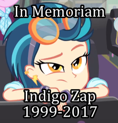 Size: 403x422 | Tagged: safe, edit, edited screencap, screencap, indigo zap, dance magic, equestria girls, spoiler:eqg specials, bust, clothes, crystal prep academy uniform, ear piercing, earring, female, frown, goggles, harsher in hindsight, image macro, implied death, in memoriam, jewelry, looking at you, meme, piercing, portrait, rest in peace, school uniform, solo focus