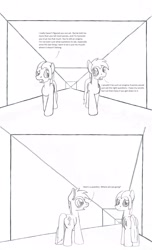 Size: 1541x2541 | Tagged: safe, artist:dsb71013, oc, oc only, oc:night cap, oc:static signal, pony, comic, hallway, monochrome