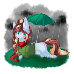 Size: 1000x1000 | Tagged: safe, artist:twinkepaint, oc, oc only, oc:gabby, earth pony, pony, clothes, female, mare, prone, rain, solo, sweater, umbrella