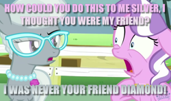 Size: 1200x704 | Tagged: safe, edit, edited screencap, screencap, diamond tiara, silver spoon, earth pony, pony, caption, female, filly, shocked, wide eyes