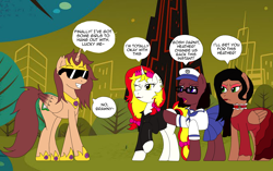 Size: 2804x1760 | Tagged: safe, artist:fluttershysone, oc, oc only, oc:brawny buck, oc:burning donut, oc:princess heather blossom, oc:totally lui, alicorn, pony, choker, clothes, dialogue, dress, eyeshadow, glasses, grin, hat, jack, jewelry, lipstick, makeup, mare, regalia, ribbon, sailor uniform, simple background, smiling, speech bubble, sunglasses, the powerpuff girls, transformation, transgender transformation