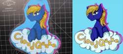 Size: 1689x750 | Tagged: safe, artist:jinyaranda, oc, oc only, oc:cloud quake, pony, badge, irl, photo, solo