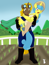 Size: 2250x3000 | Tagged: safe, artist:cainesart, lemon hearts, oc, oc:golden gear, anthro, mouse, plantigrade anthro, unicorn, boots, clothes, cute, dress, female, goggles, hat, high res, mare, mud, muzzle shaded as nose, open mouth