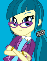 Size: 434x554 | Tagged: safe, screencap, juniper montage, equestria girls, movie magic, spoiler:eqg specials, baubles, blue background, bracelet, clothes, crossed arms, female, glasses, hair tie, jewelry, lapel pin, looking at you, official, pigtails, shirt, simple background, smiling, solo, twintails