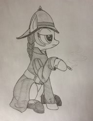 Size: 2199x2872 | Tagged: safe, artist:whiskey, oc, oc only, oc:solemn rain, pony, alternate universe, cigarette, clothes, dishonored, female, guard, hat, mare, monochrome, ponytail, sitting, smoking, solo, traditional art, uniform