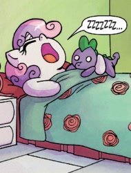 Size: 640x844 | Tagged: safe, idw, spike, sweetie belle, dragon, spoiler:comicff13, bed, comic, doll, nose in the air, sleeping, snoring, spike plushie, toy, zzz