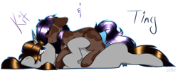 Size: 1024x423 | Tagged: safe, artist:bubbles906, oc, oc only, oc:kit, oc:tiny, earth pony, pony, unicorn, blushing, couple, cuddling, duo, female, male, mare, stallion, text