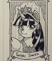 Size: 1024x1204 | Tagged: safe, artist:gensokishidan, part of a set, twilight sparkle, twilight sparkle (alicorn), alicorn, pony, bust, clothes, ink drawing, jewelry, looking at you, monochrome, name, old banner, portrait, regalia, solo, traditional art