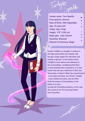 Size: 2480x3508 | Tagged: safe, artist:angelpony99, twilight sparkle, human, book, clothes, headcanon, humanized, jeans, looking at you, magic aura, pants, purple, smirk, solo, waistcoat