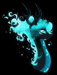 Size: 1280x1691 | Tagged: safe, artist:australian-senior, oc, oc only, oc:nightmare ideas, oc:wheatley invictus, alicorn, kirin, pony, alternate universe, antlers, black background, blue eyes, bust, colored sclera, crossover, kirindos, nightmare, portal, portal (valve), portal 2, scales, simple background, slit eyes, solo, wheatley