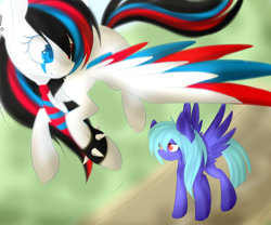 Size: 1600x1333 | Tagged: safe, artist:snowbunny0820, oc, oc only, oc:huirou lazuli, oc:snowbunny, pegasus, pony, colored wings, female, flying, heterochromia, mare, multicolored wings, spiked wristband, wristband