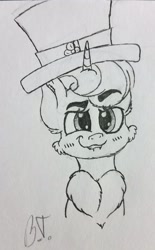 Size: 1024x1655 | Tagged: safe, artist:binkyt11, oc, oc only, oc:nurse bloodlust, pony, unicorn, blushing, chest fluff, hat, monochrome, smiling, smirk, solo, top hat, traditional art