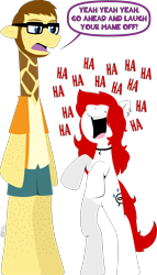 Size: 1340x2342 | Tagged: safe, artist:clarktooncrossing, oc, oc only, anthro, earth pony, giraffe, pony, anthro with ponies, female, laughing, mare, nose in the air, simple background, transparent background