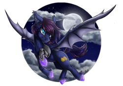 Size: 3679x2576 | Tagged: safe, artist:gaelledragons, oc, oc only, oc:bitmaker, bat pony, pony, amputee, cloud, female, flying, high res, mare, moon, prosthetic limb, prosthetics, simple background, solo, transparent background