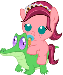 Size: 816x967 | Tagged: safe, artist:red4567, gloriosa daisy, gummy, pony, equestria girls, legend of everfree, baby, baby pony, cute, daisybetes, equestria girls ponified, pacifier, ponies riding gators, ponified, riding, weapons-grade cute