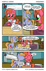 Size: 1280x1978 | Tagged: safe, artist:wadusher0, oc, oc only, oc:cordovan, oc:pun, earth pony, pony, comic:hospital hijinks, bandage, comic, father and child, father and daughter, female, hospital, male, mare, nuzzling, parent and child, scar, stallion