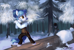 Size: 2000x1350 | Tagged: safe, artist:jedayskayvoker, twilight sparkle, oc, anthro, earth pony, unguligrade anthro, belt, clothes, forest, log, pants, scenery, snow, sword, weapon