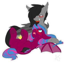 Size: 1000x975 | Tagged: safe, artist:curiouskeys, oc, oc only, oc:senka stargazer, oc:spanking shade, bat pony, pony, blushing, drool, fangs, feeding, food, on back, spread wings, strawberry, underhoof