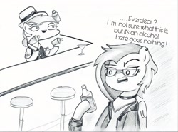 Size: 2632x1952 | Tagged: safe, artist:potatobug, derpibooru exclusive, oc, oc only, oc:lucky joey, oc:toffee scotch, earth pony, pegasus, pony, alcohol, bartender, choker, cocktail glass, ear piercing, earring, everclear, hat, jewelry, juggling, monochrome, piercing, rule 63, sunglasses, traditional art