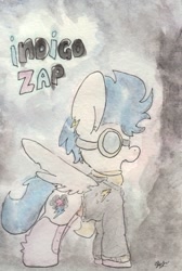 Size: 683x1015 | Tagged: safe, artist:slightlyshade, indigo zap, pegasus, pony, equestria girls, clothes, equestria girls ponified, goggles, hoodie, ponified, solo, traditional art