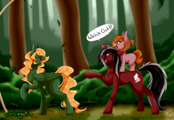 Size: 4500x3100 | Tagged: safe, artist:pinktabico, oc, oc only, pegasus, pony, unicorn, absurd resolution, commission, dialogue, eyes closed, female, filly, forest, male, mare, open mouth, raised hoof, scenery, smiling, speech bubble, stallion, trap (device), trio, watch out