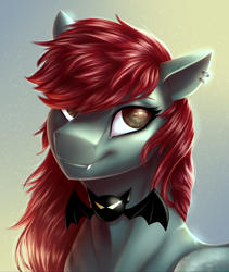 Size: 1024x1212 | Tagged: safe, artist:glitteronin, oc, oc only, oc:spiral night, bat pony, pony, bust, fangs, female, gradient background, mare, red hair, smiling, solo