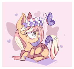 Size: 800x750 | Tagged: safe, artist:ipun, oc, oc only, butterfly, pegasus, pony, female, floral head wreath, flower, heart eyes, mare, prone, solo, watermark, wingding eyes